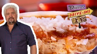 Guy Fieri Tries a quotNew Englanderquot Hot Dog  Diners DriveIns and Dives  Food Network [upl. by Any]