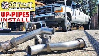 2001 F350 73  RiffRaff UpPipes Install  Stock up pipes leaking and falling apart JUNK SP [upl. by Acinoev291]